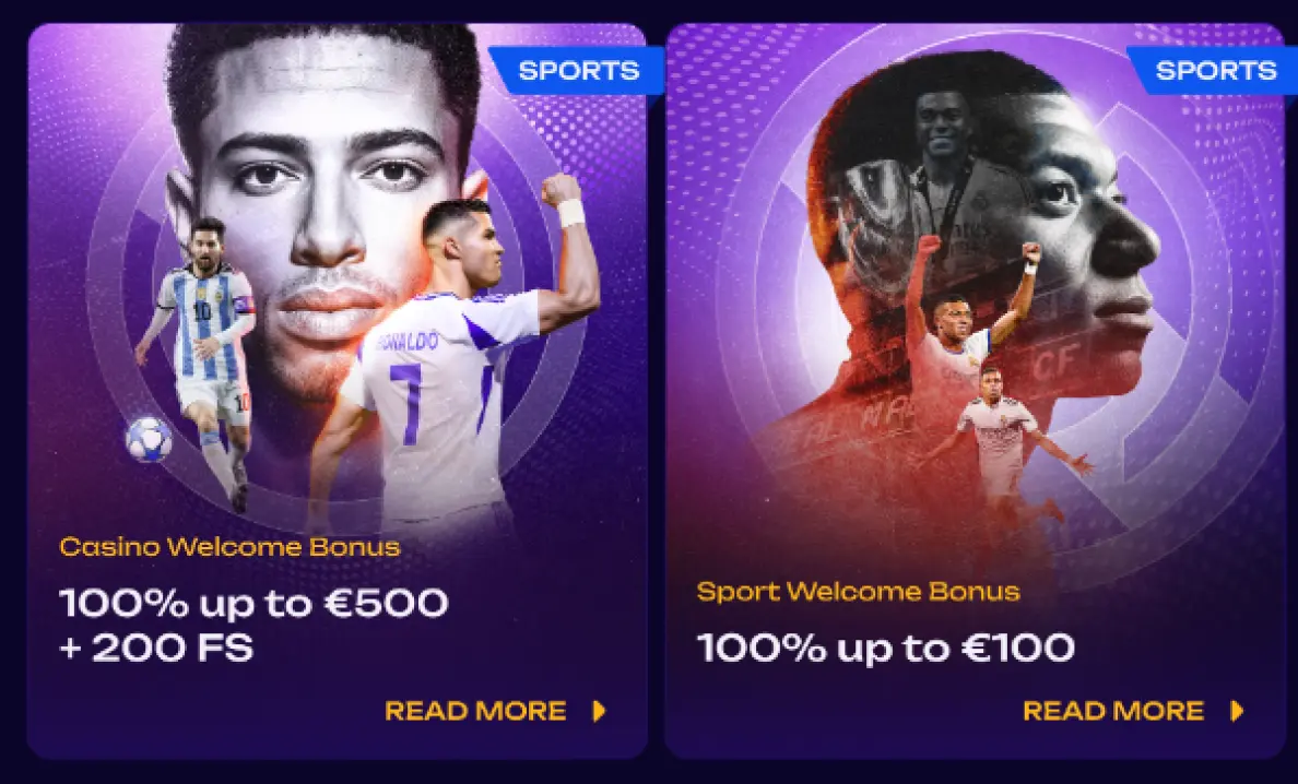 Dwa kafelki bonusów SPORT na fioletowym tle: po lewej „Casino Welcome Bonus” 100% do 500 € + 200 FS z grafiką piłkarzy, po prawej „Sport Welcome Bonus” 100% do 100 € z przyciskiem Read More na obu kartach